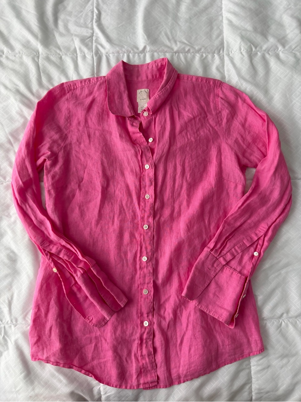 J. Crew Perfect Shirt 100% Linen Button Down Long Sleeve 4 Hot Pink Work Office